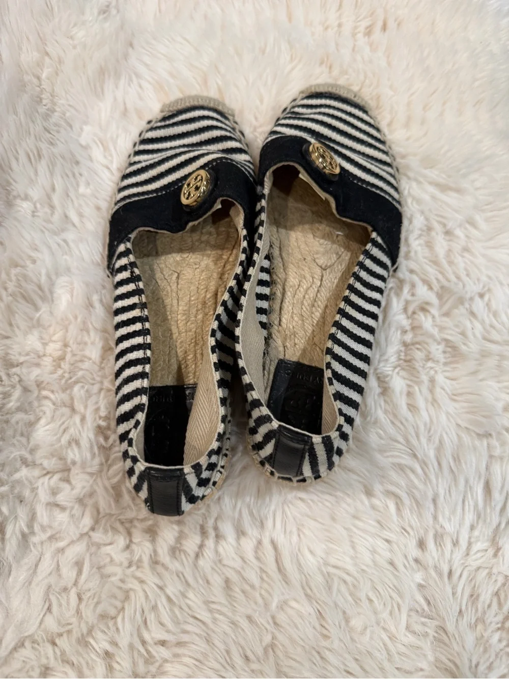 Tory Burch Black & White Striped Espadrille Flats